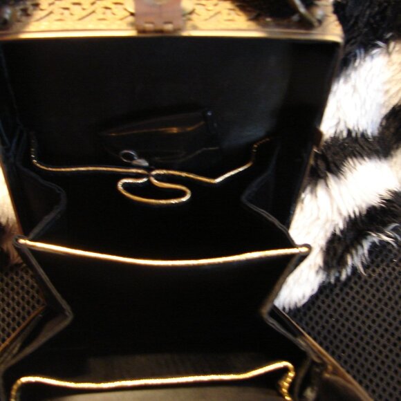 Vintage Purse 1940s Tyrolean Bag Mini Streamer Black Sequin and gold filigree - Picture 2 of 11